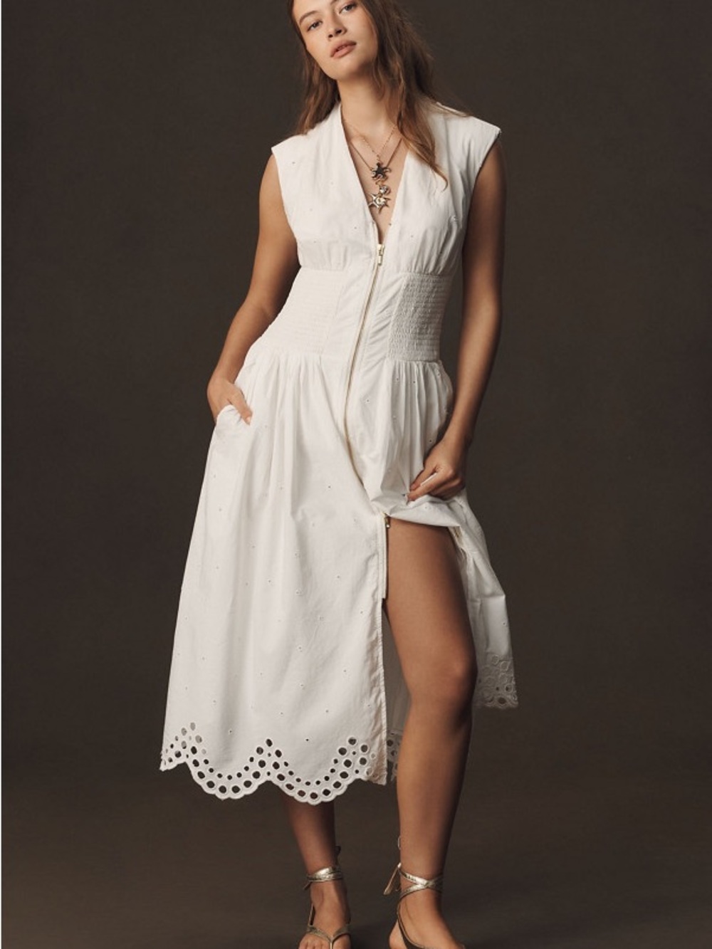 Anthropologie Maeve The Tommie Cap-Sleeve Smocked Eyelet Trim Zip Dress - Picture 8 of 14